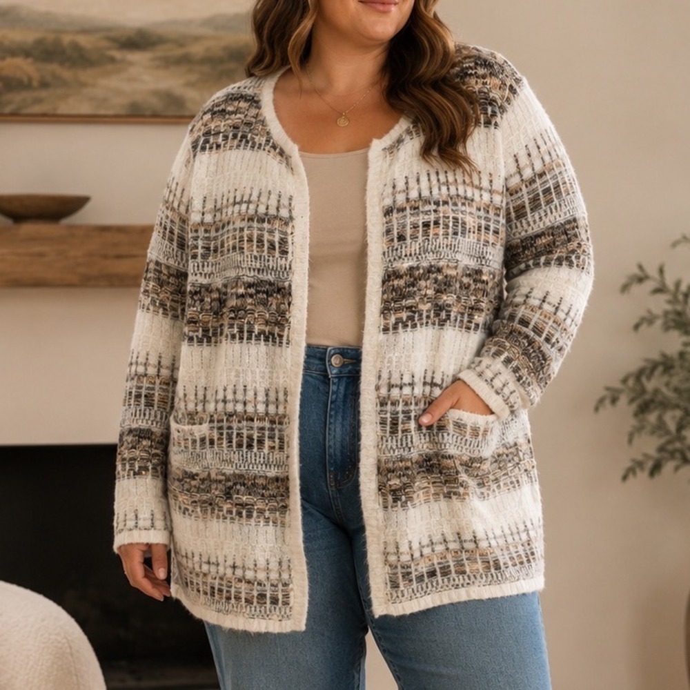 Est. 1946 Cardigan Striped Eyelash‎ Knit Open Front Cozy Grandmacore Fuzzy XL